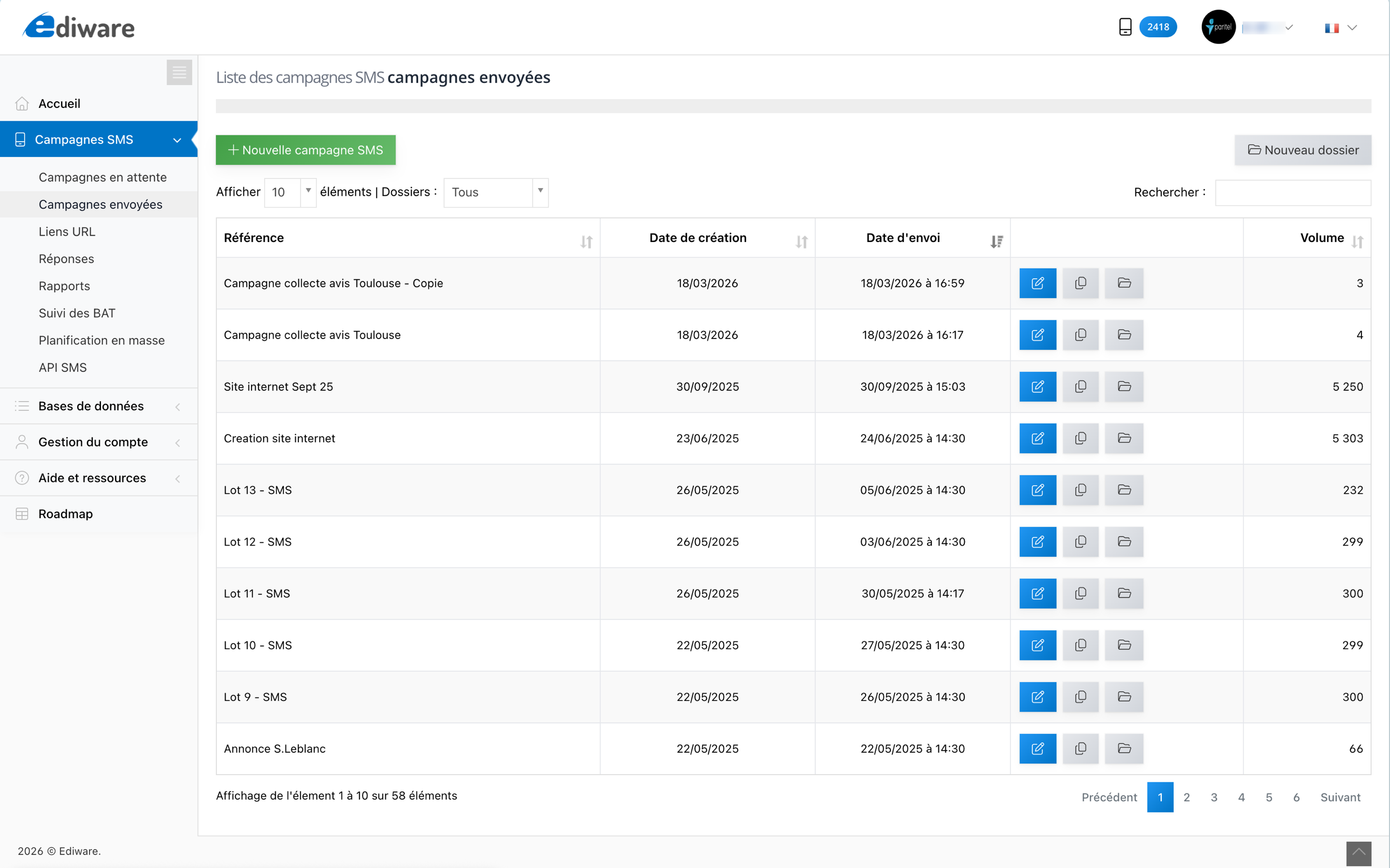 Tableau de bord service-sms.pro : liste des campagnes SMS envoyées